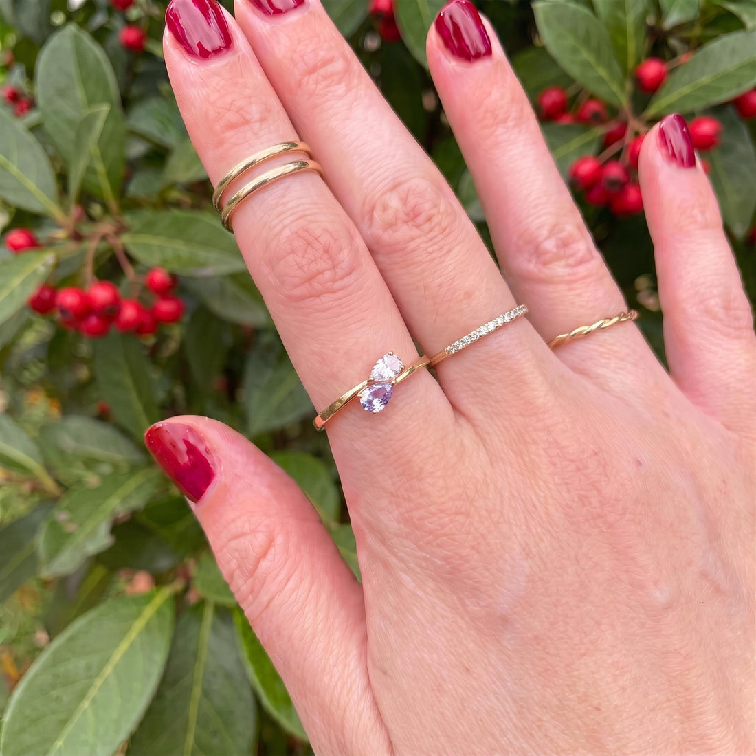 Dainty Gold Bypass Ring with Pear Cut Lavender & White Gemstones | Two Stone Promise Ring | Elegant Anniversary Gift for Her | Stacking Ring