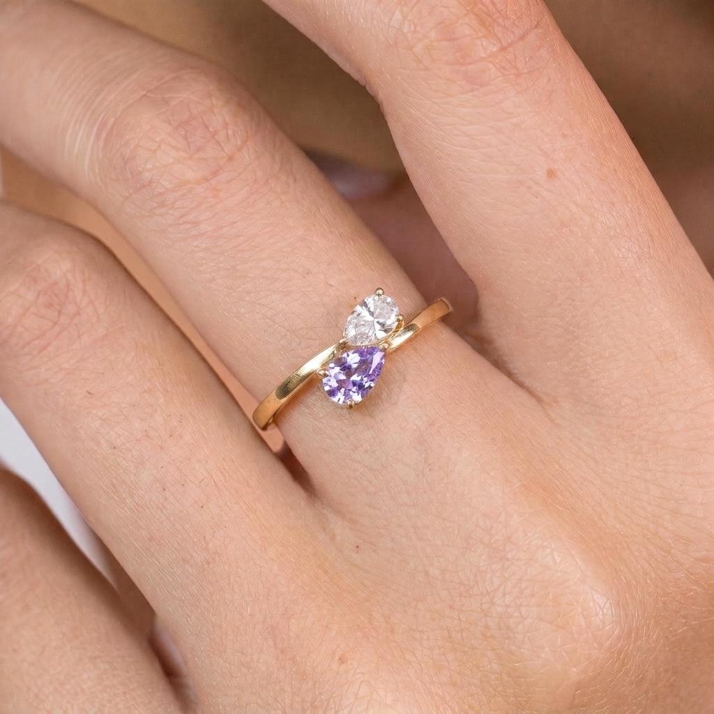 Dainty Gold Bypass Ring with Pear Cut Lavender & White Gemstones | Two Stone Promise Ring | Elegant Anniversary Gift for Her | Stacking Ring