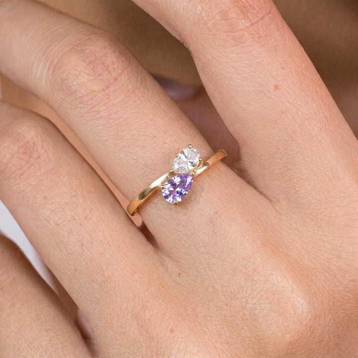 Dainty Gold Bypass Ring with Pear Cut Lavender & White Gemstones | Two Stone Promise Ring | Elegant Anniversary Gift for Her | Stacking Ring