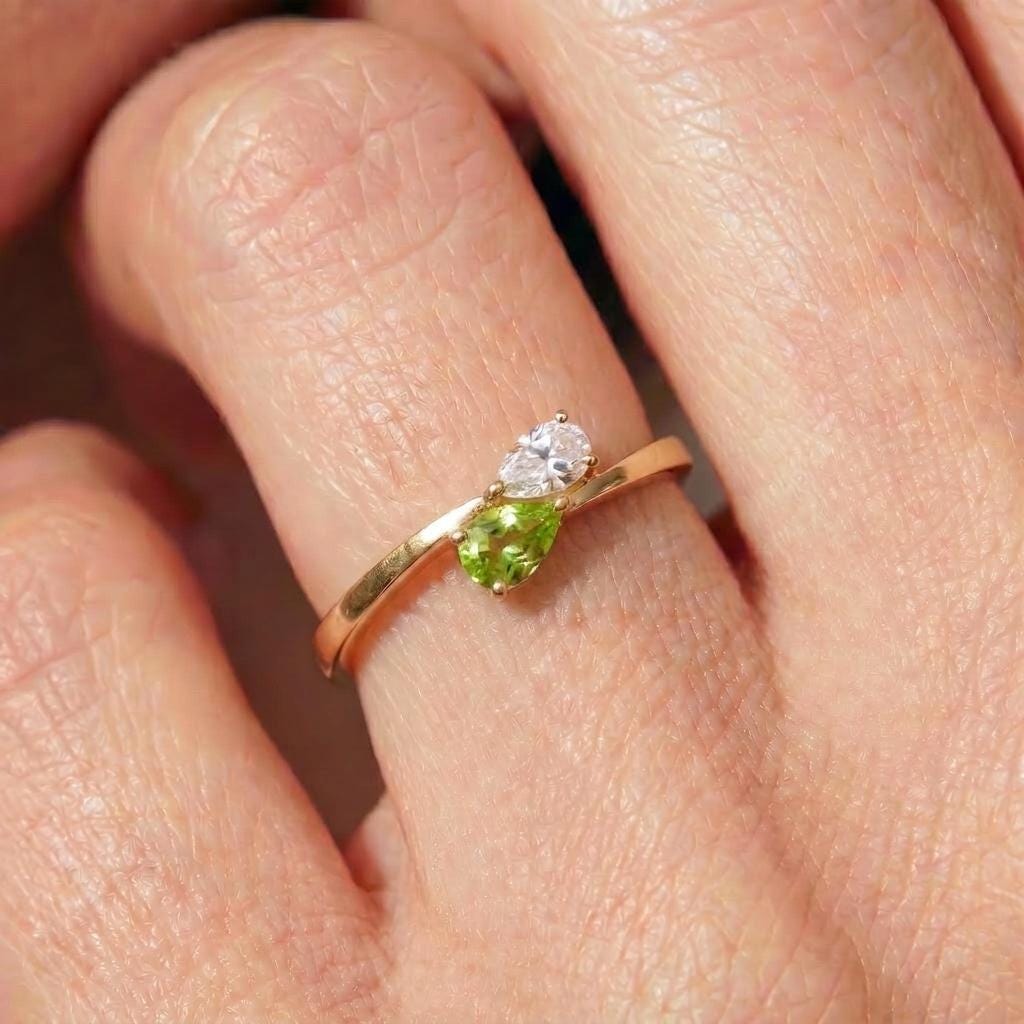 Dainty Peridot & Diamond Bypass Ring, 14K Gold Toi et Moi Ring, August Birthstone Anniversary Gift for Her, Unique Gemstone Promise
