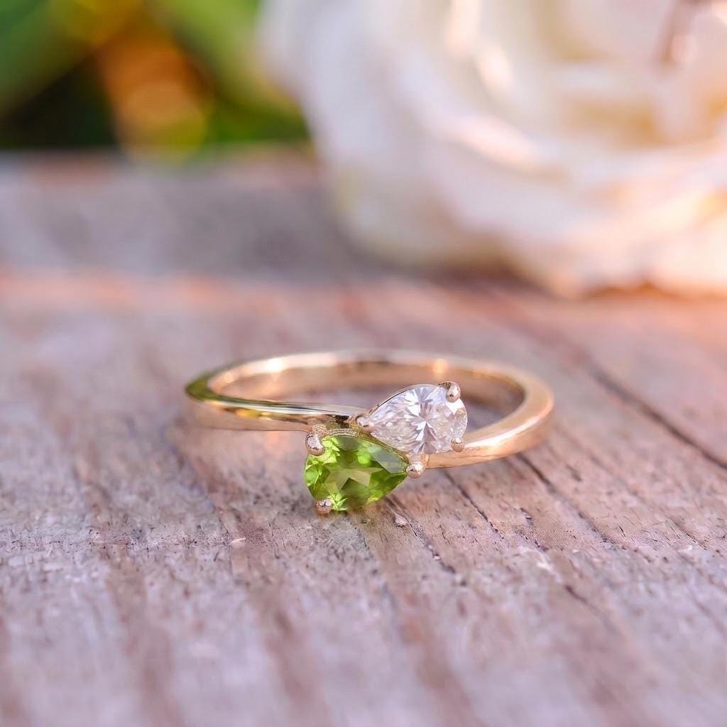 Dainty Peridot & Diamond Bypass Ring, 14K Gold Toi et Moi Ring, August Birthstone Anniversary Gift for Her, Unique Gemstone Promise
