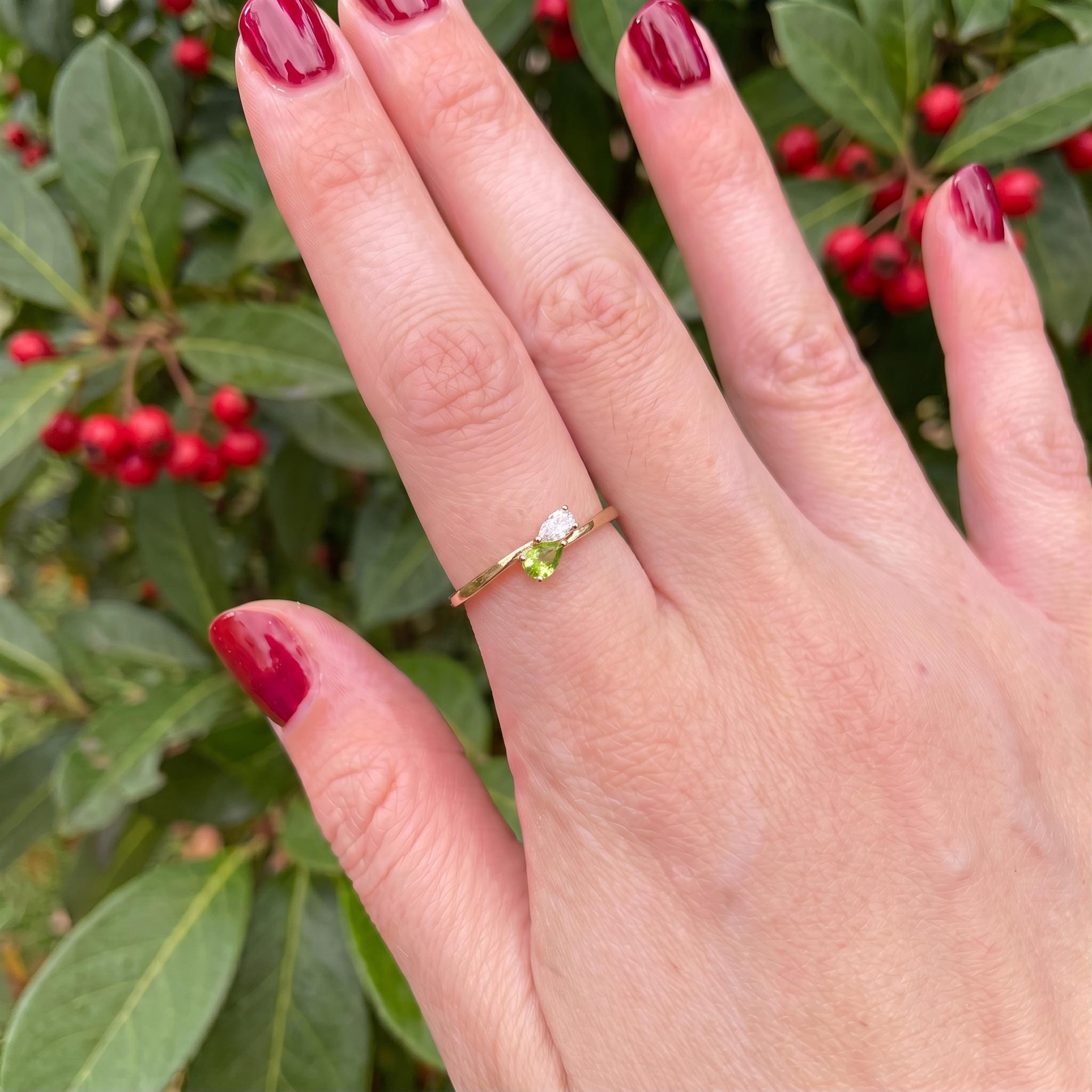 Dainty Peridot & Diamond Bypass Ring, 14K Gold Toi et Moi Ring, August Birthstone Anniversary Gift for Her, Unique Gemstone Promise