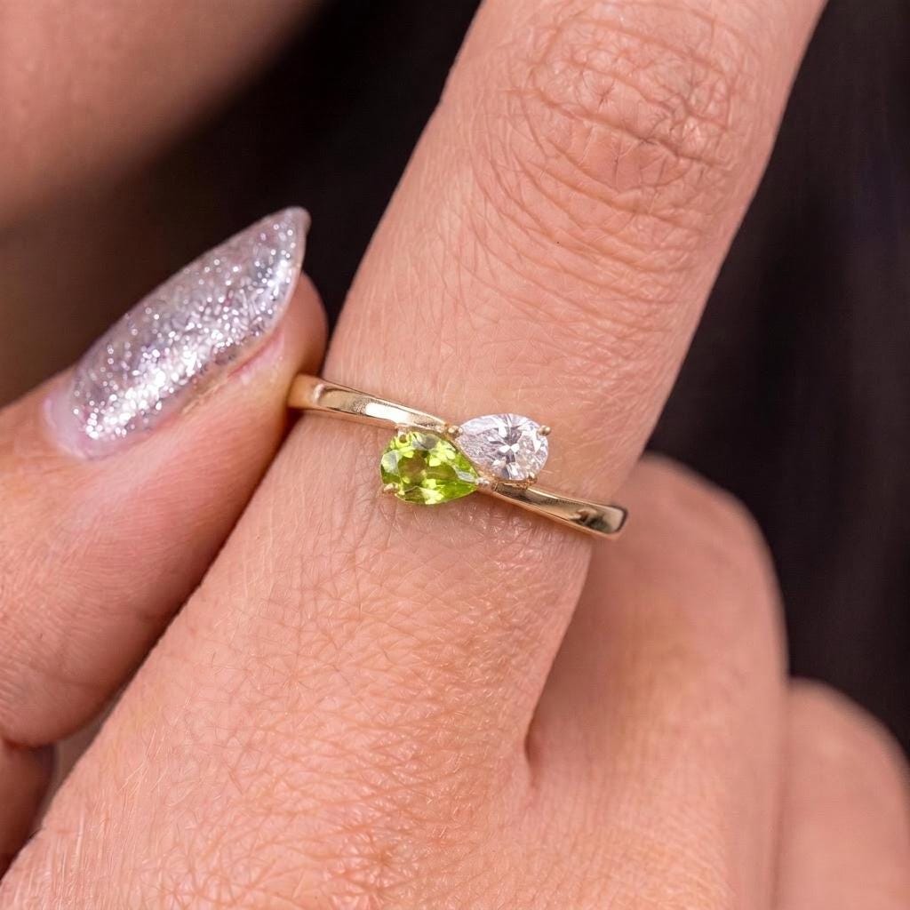 Dainty Peridot & Diamond Bypass Ring, 14K Gold Toi et Moi Ring, August Birthstone Anniversary Gift for Her, Unique Gemstone Promise