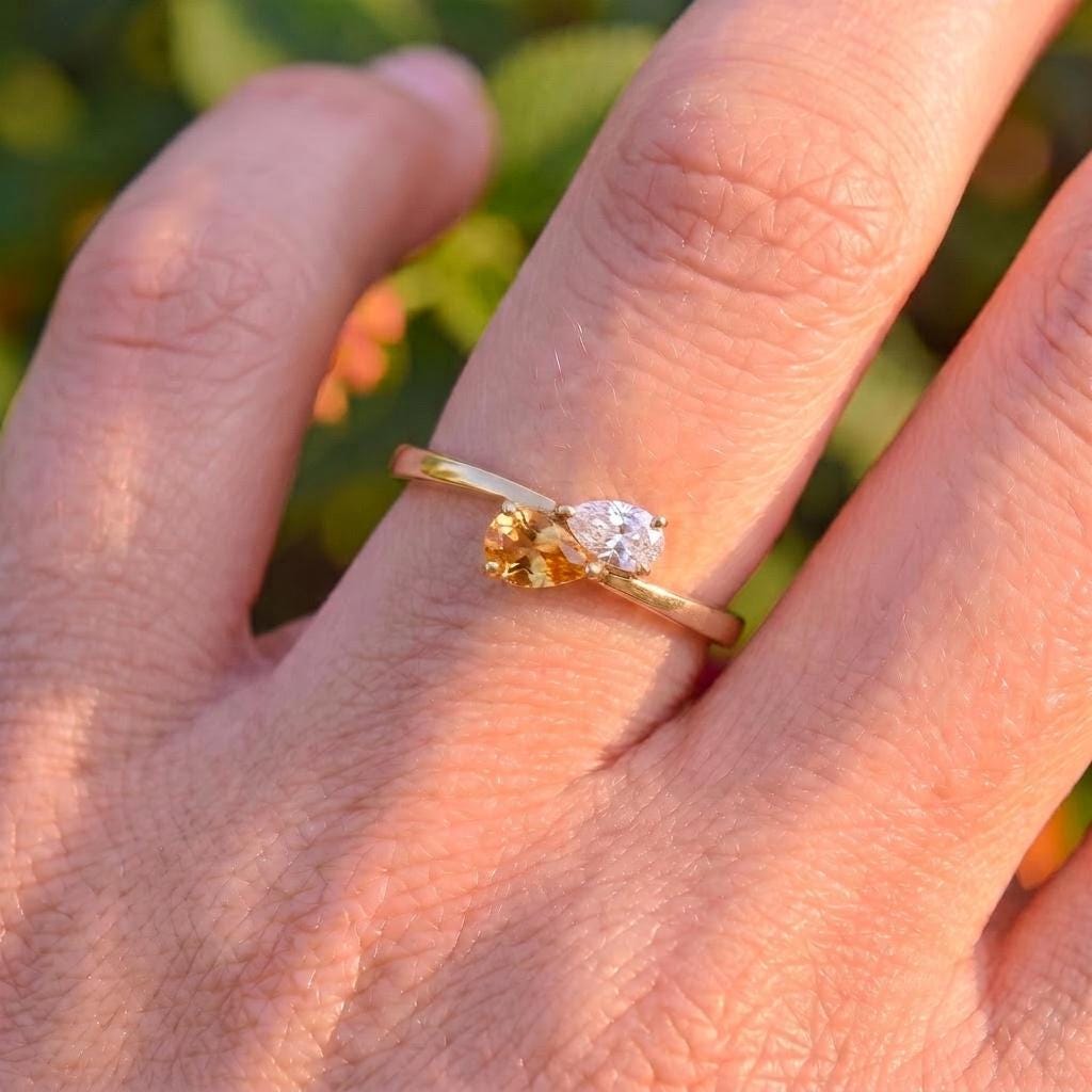 Elegant Two Stone Pear Cut Ring | Gold Promise Ring with Citrine &  Simulated Diamond | Dainty Anniversary Gift for Her