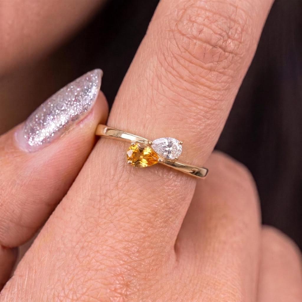 Elegant Two Stone Pear Cut Ring | Gold Promise Ring with Citrine &  Simulated Diamond | Dainty Anniversary Gift for Her
