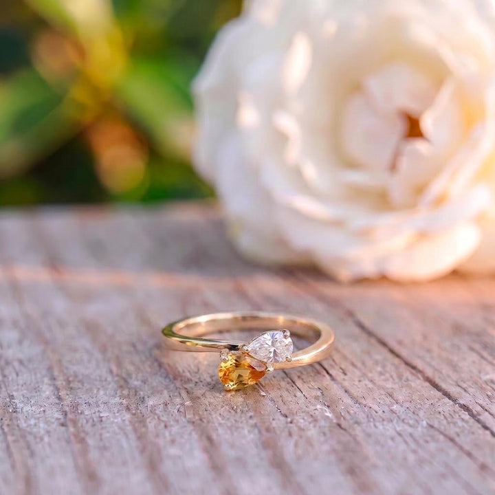 Elegant Two Stone Pear Cut Ring | Gold Promise Ring with Citrine &  Simulated Diamond | Dainty Anniversary Gift for Her