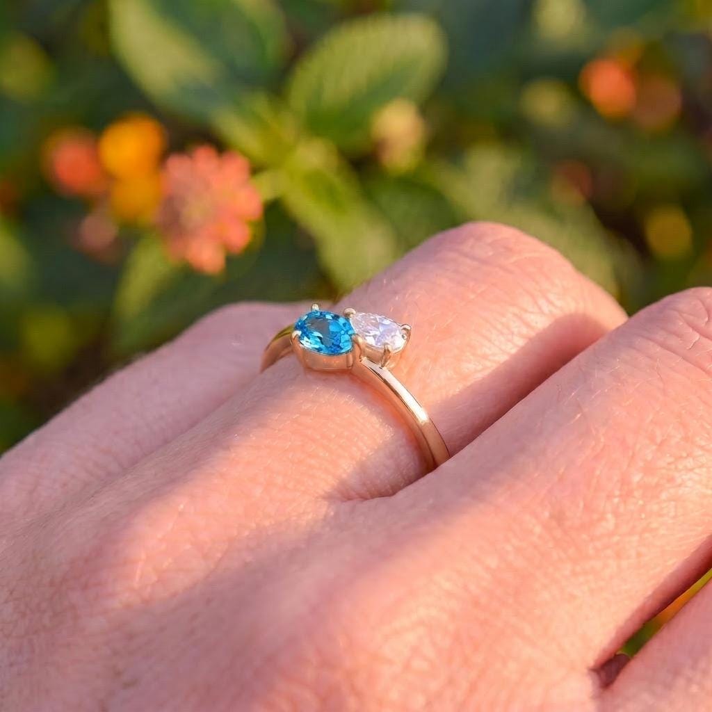 Dainty Gold Bypass Ring with Pear Blue Topaz & CZ | Teardrop Gemstone Promise Ring | December Birthstone Ring for Her | Anniversary Gift
