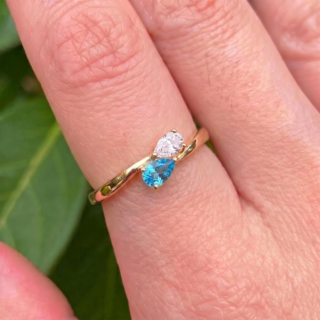 Dainty Gold Bypass Ring with Pear Blue Topaz & CZ | Teardrop Gemstone Promise Ring | December Birthstone Ring for Her | Anniversary Gift