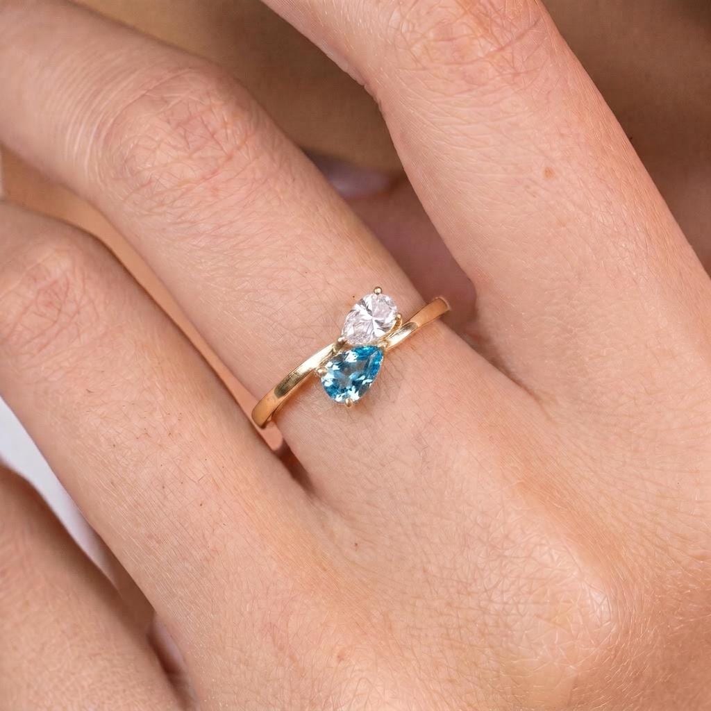 Dainty Gold Bypass Ring with Pear Blue Topaz & CZ | Teardrop Gemstone Promise Ring | December Birthstone Ring for Her | Anniversary Gift