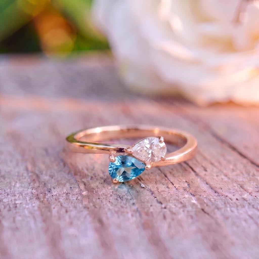 Dainty Gold Bypass Ring with Pear Blue Topaz & CZ | Teardrop Gemstone Promise Ring | December Birthstone Ring for Her | Anniversary Gift
