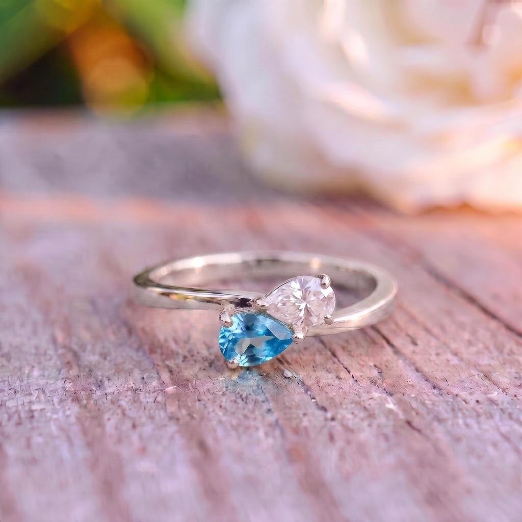 Dainty Gold Bypass Ring with Pear Blue Topaz & CZ | Teardrop Gemstone Promise Ring | December Birthstone Ring for Her | Anniversary Gift