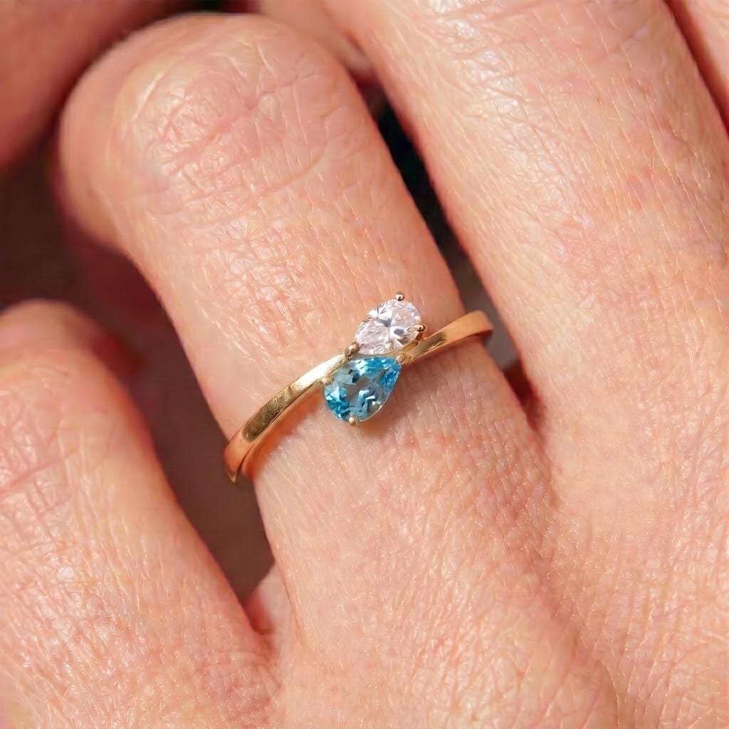 Dainty Gold Bypass Ring with Pear Blue Topaz & CZ | Teardrop Gemstone Promise Ring | December Birthstone Ring for Her | Anniversary Gift