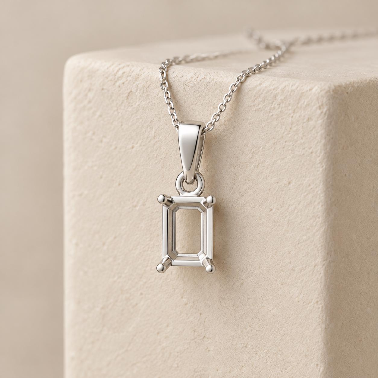 Emerald Cut Semi Mount Pendant Setting, 925 Sterling Silver 4 Prong Pendant Mount, Empty Pendant Setting for DIY
