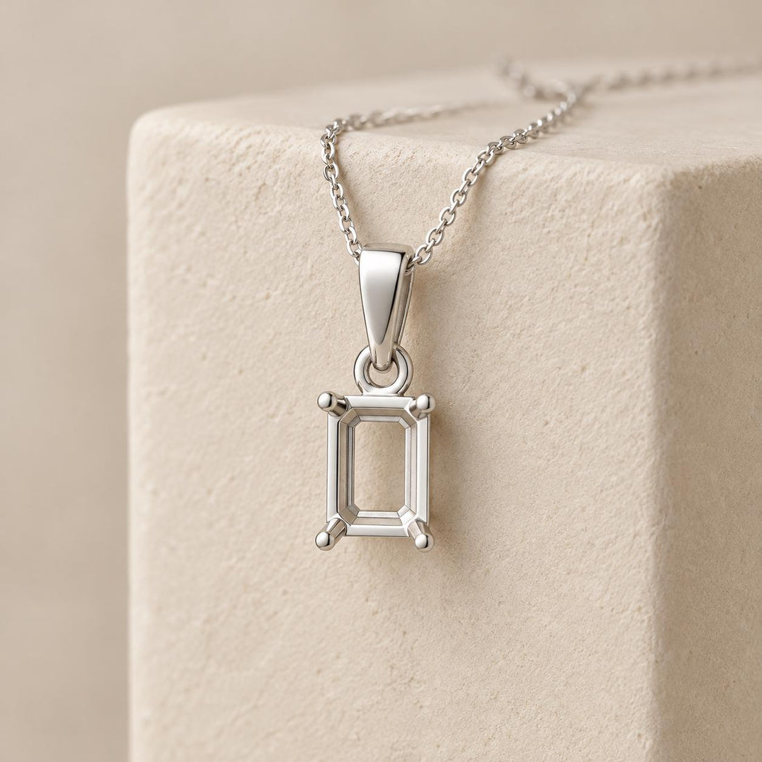 Emerald Cut Semi Mount Pendant Setting, 925 Sterling Silver 4 Prong Pendant Mount, Empty Pendant Setting for DIY
