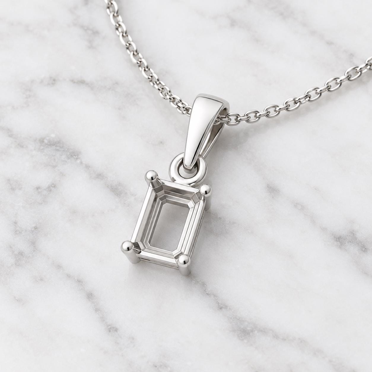 Emerald Cut Semi Mount Pendant Setting, 925 Sterling Silver 4 Prong Pendant Mount, Empty Pendant Setting for DIY