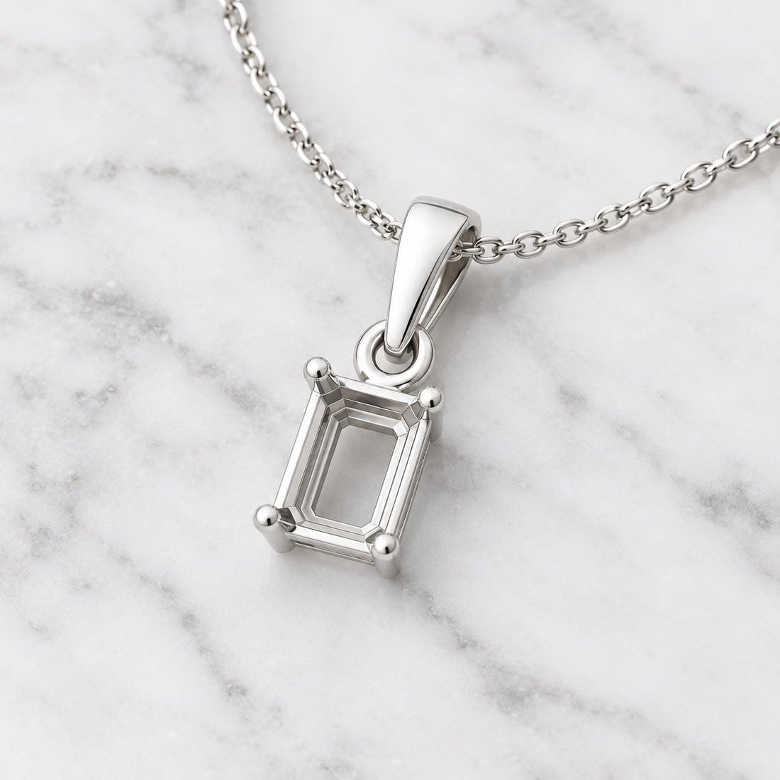 Emerald Cut Semi Mount Pendant Setting, 925 Sterling Silver 4 Prong Pendant Mount, Empty Pendant Setting for DIY