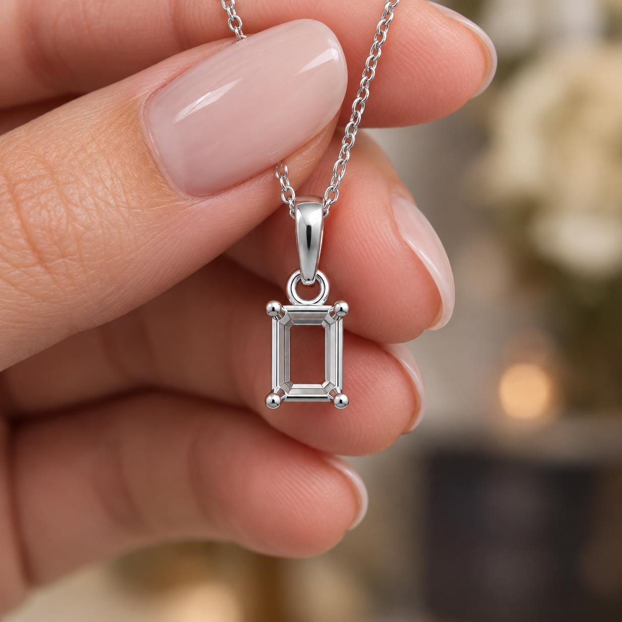 Emerald Cut Semi Mount Pendant Setting, 925 Sterling Silver 4 Prong Pendant Mount, Empty Pendant Setting for DIY