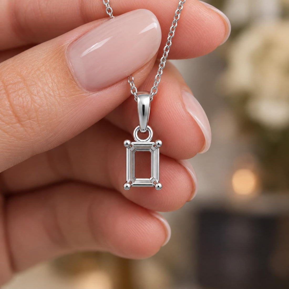 Emerald Cut Semi Mount Pendant Setting, 925 Sterling Silver 4 Prong Pendant Mount, Empty Pendant Setting for DIY