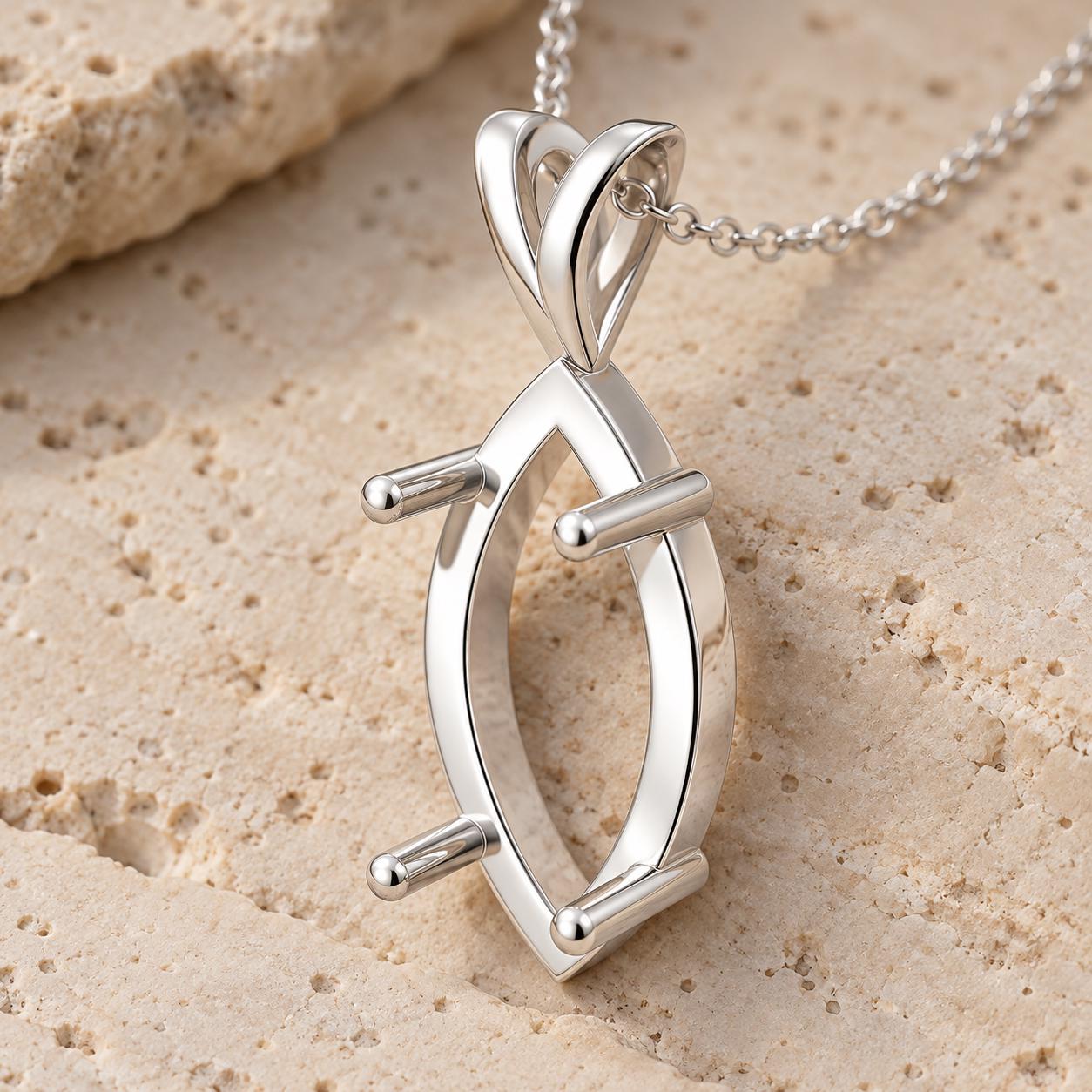 Marquise Pendant Mount 14x7mm, 4 Ball Tip Prong Semi Mount Pendant Setting, Unset Necklace Blank for Jewelers