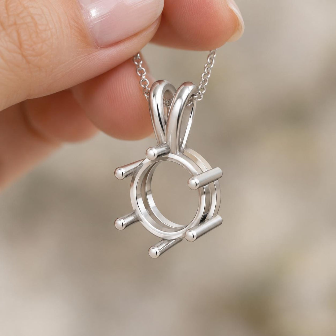 Round Pendant Semi Mount 9mm, 6-Prong Sterling Silver Setting with V Bail, Empty Necklace Pendant Mount, Made to Order