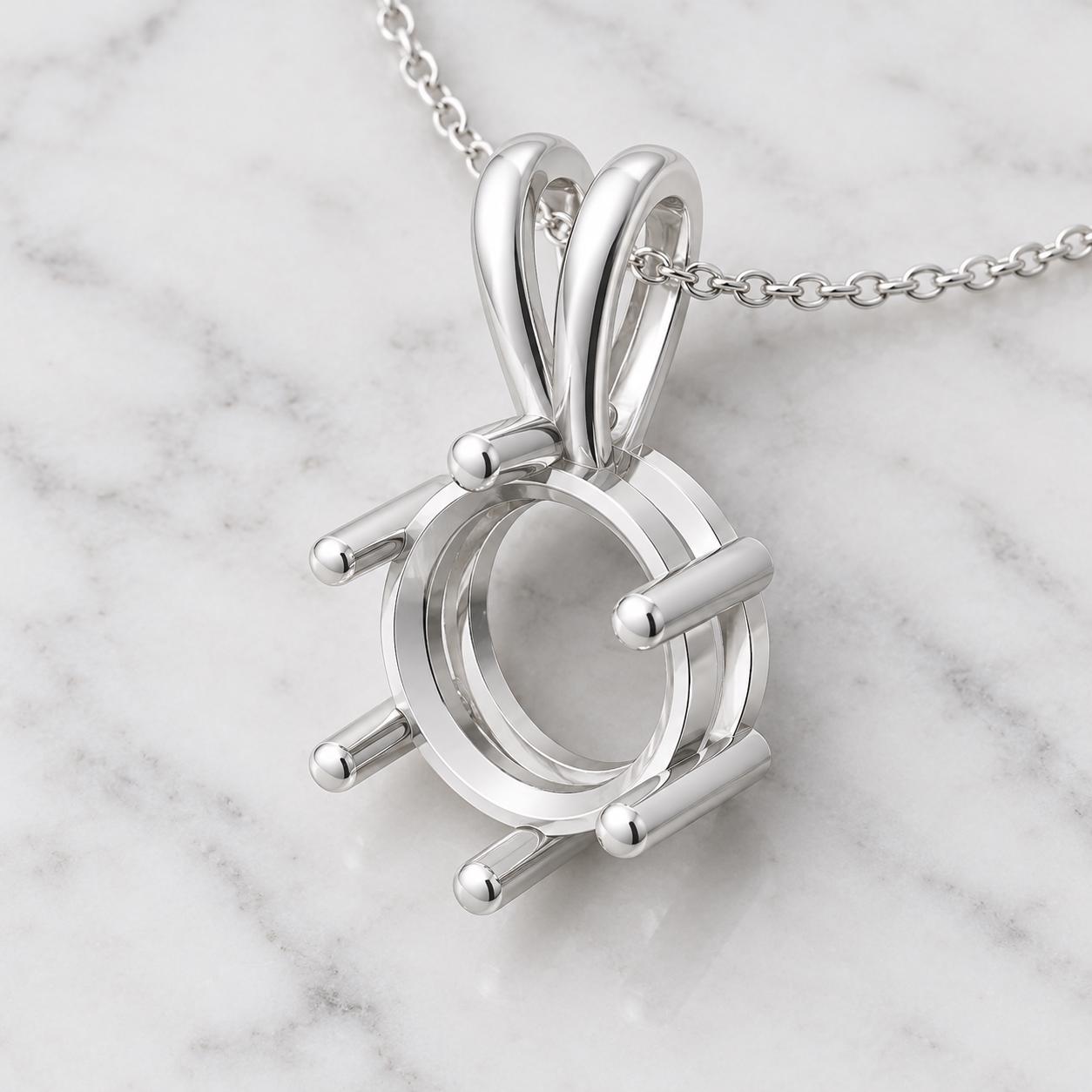Round Pendant Semi Mount 9mm, 6-Prong Sterling Silver Setting with V Bail, Empty Necklace Pendant Mount, Made to Order