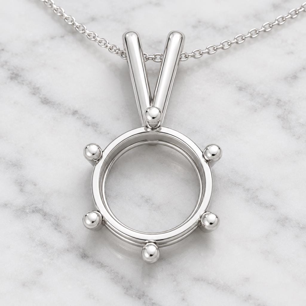 Round Pendant Semi Mount 9mm, 6-Prong Sterling Silver Setting with V Bail, Empty Necklace Pendant Mount, Made to Order