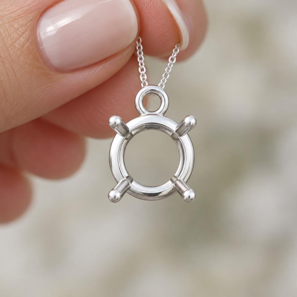 Blank Pendant Setting 7mm Round, 4 Prong Basket 925 Silver Semi Mount, Jump Ring Bail, Setting Only for DIY Necklace