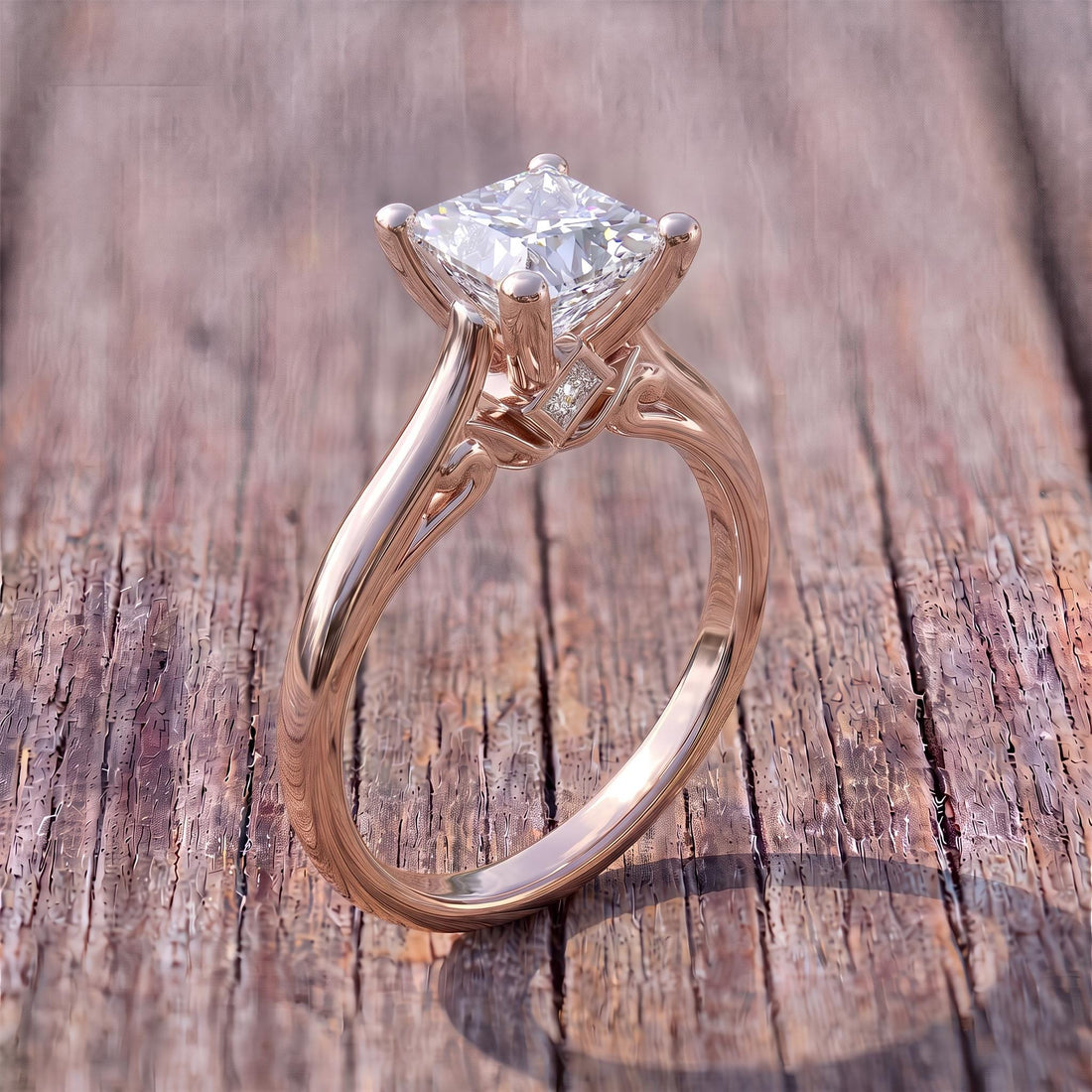 Sparkling Princess Cut Diamond Engagement Ring | Sterling Silver Solitaire with Unique Side Accents | Timeless Proposal Ring for Her