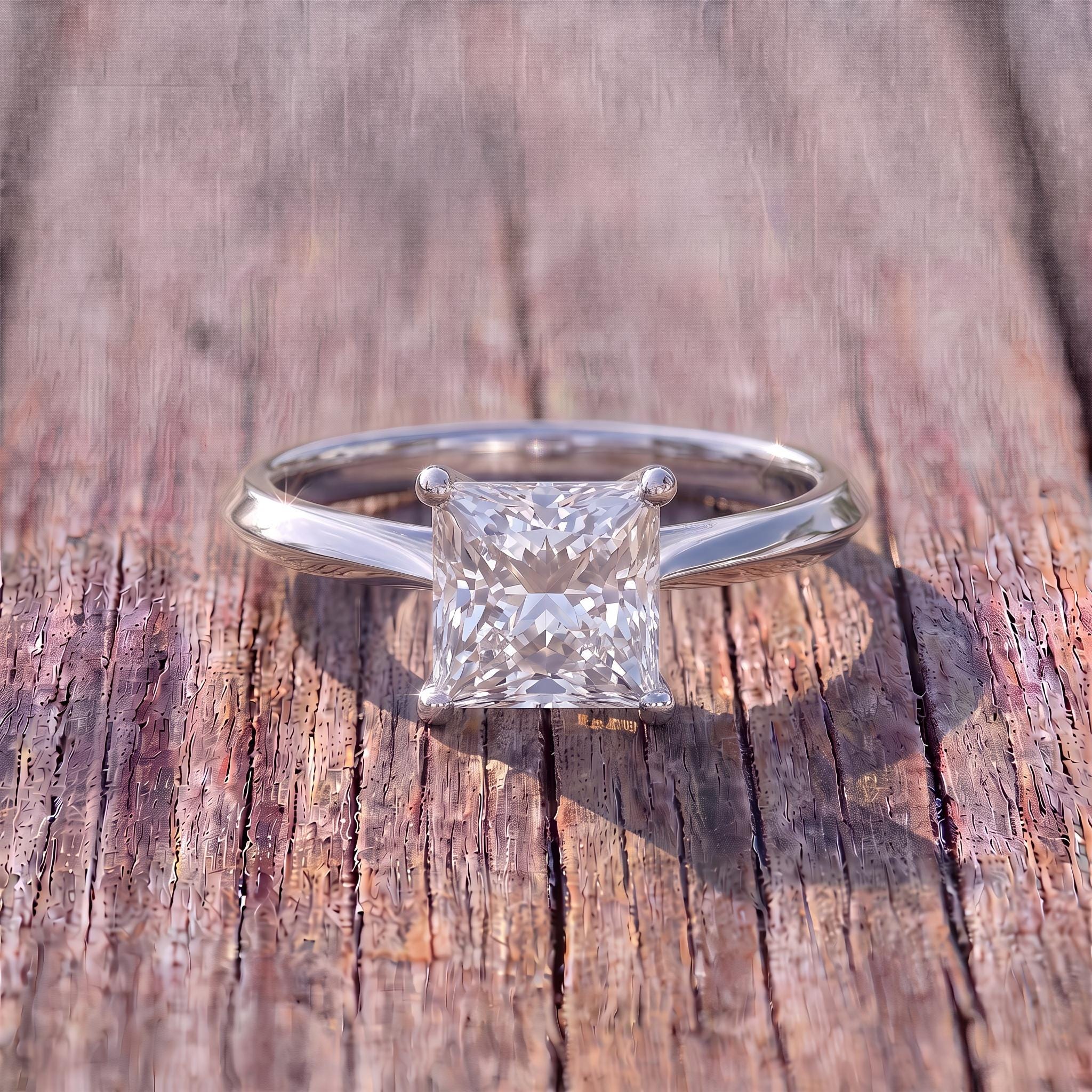 Sparkling Princess Cut Diamond Engagement Ring | Sterling Silver Solitaire with Unique Side Accents | Timeless Proposal Ring for Her
