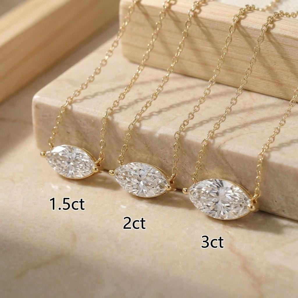 Moissanite Marquise Necklace, East West Solitaire Pendant, 13x6.5mm 2ct Diamond Alternative, Dainty Minimalist Anniversary Gift for Her