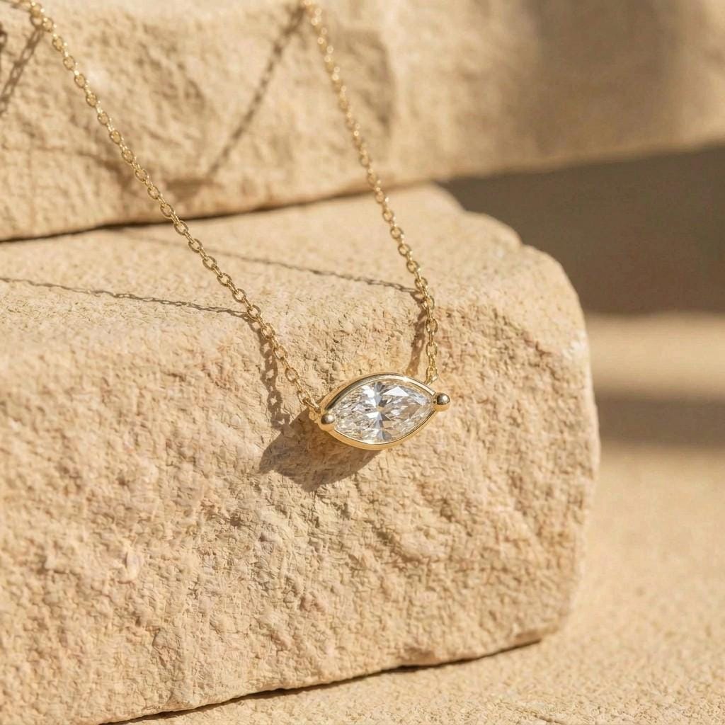 Moissanite Marquise Necklace, East West Solitaire Pendant, 13x6.5mm 2ct Diamond Alternative, Dainty Minimalist Anniversary Gift for Her