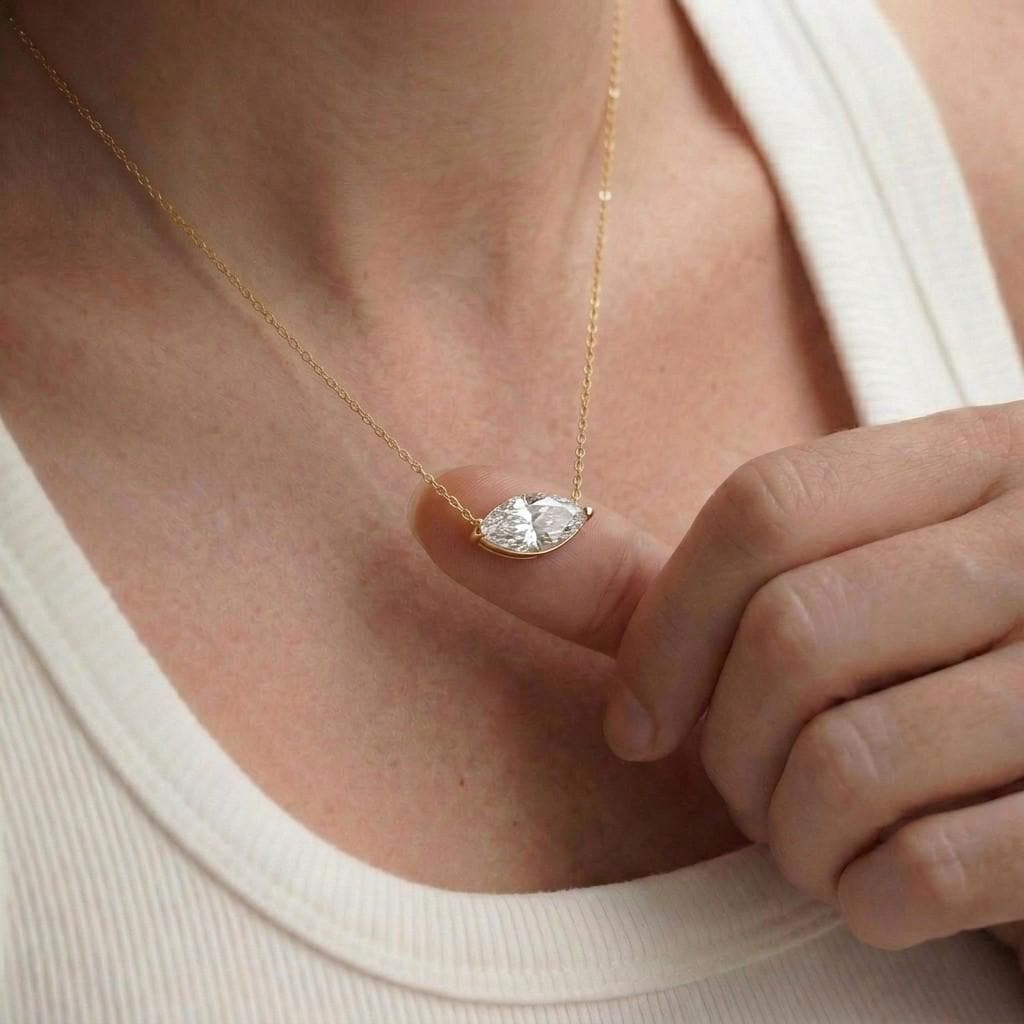 Moissanite Marquise Necklace, East West Solitaire Pendant, 13x6.5mm 2ct Diamond Alternative, Dainty Minimalist Anniversary Gift for Her
