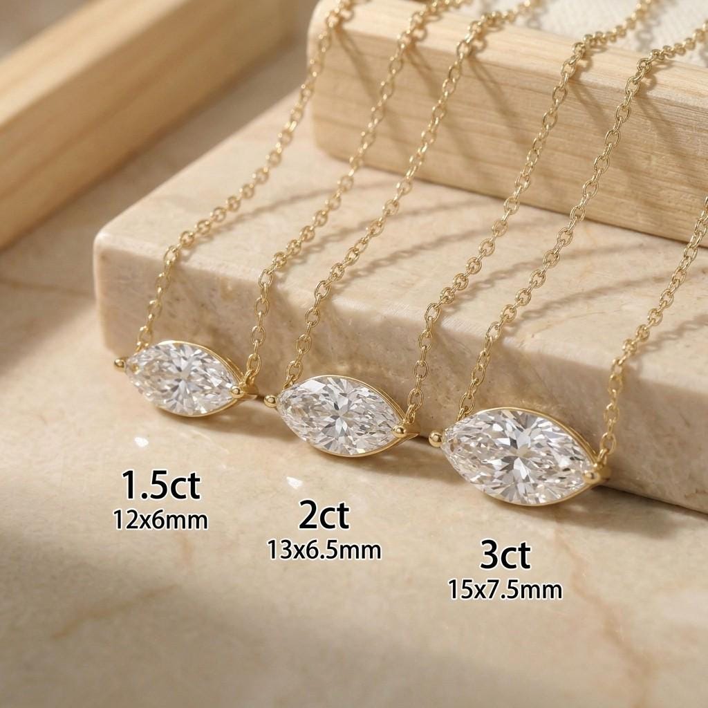 Moissanite Marquise Necklace, East West Solitaire Pendant, 13x6.5mm 2ct Diamond Alternative, Dainty Minimalist Anniversary Gift for Her