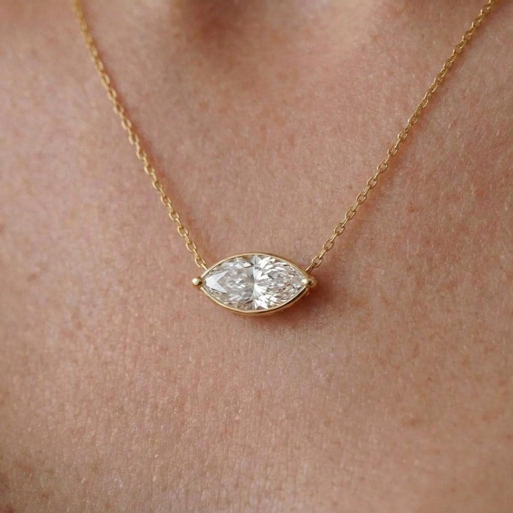 Moissanite Marquise Necklace, East West Solitaire Pendant, 13x6.5mm 2ct Diamond Alternative, Dainty Minimalist Anniversary Gift for Her