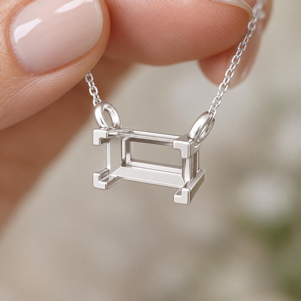 Baguette Pendant Setting 4x2mm, Tiny 925 Silver Semi Mount with 4 Corner Claws and Two Loops, Empty Necklace Blank, Setting Only