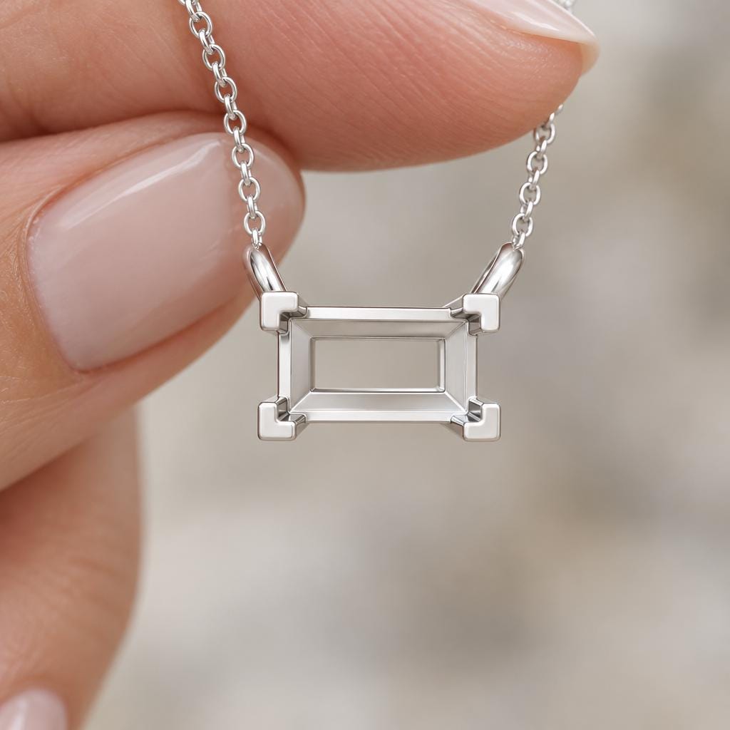 Baguette Pendant Setting 4x2mm, Tiny 925 Silver Semi Mount with 4 Corner Claws and Two Loops, Empty Necklace Blank, Setting Only