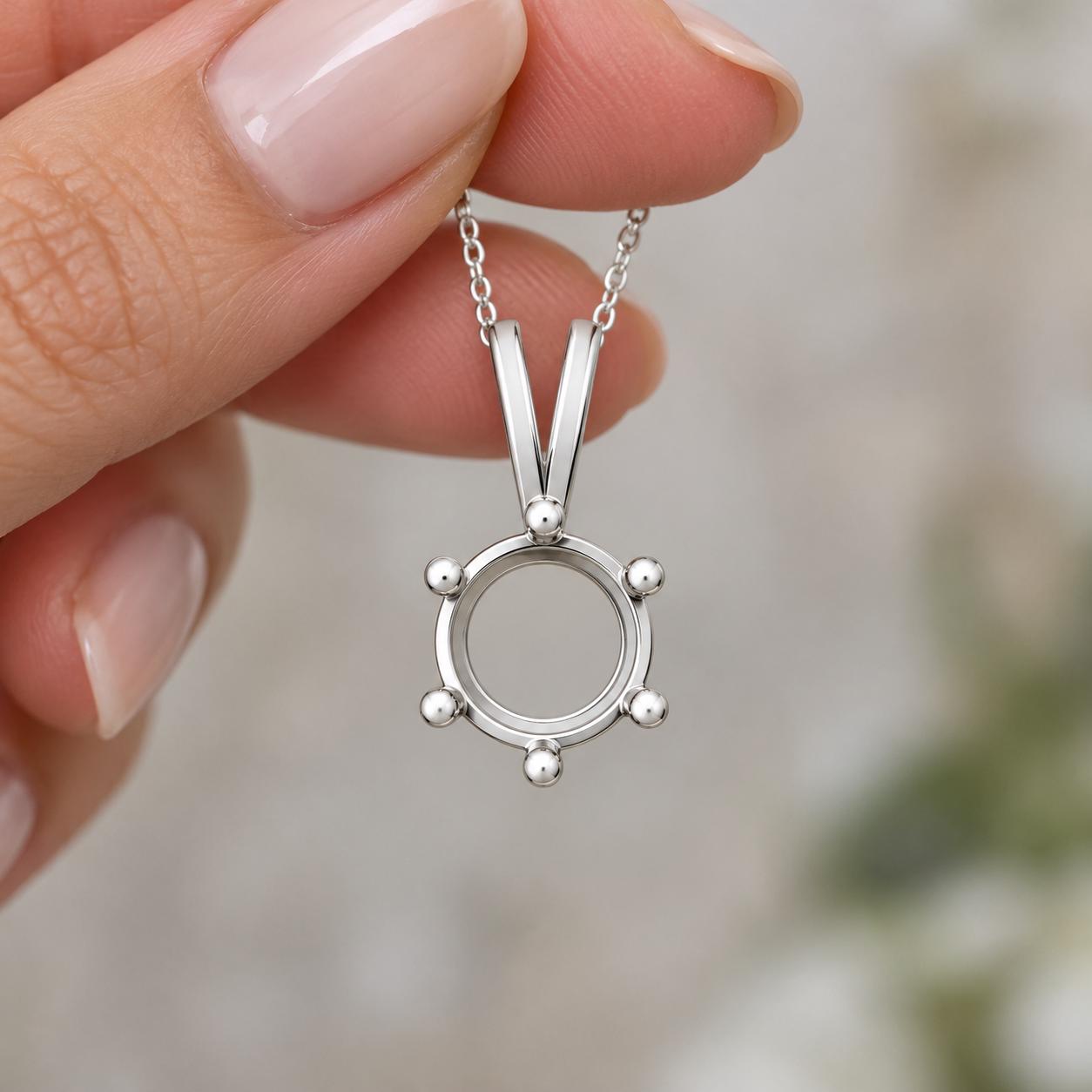 6.5mm Round Pendant Setting, 925 Sterling Silver Semi Mount with 6 Ball Tip Rod Prongs and V Looped Bail, Blank Necklace Mount