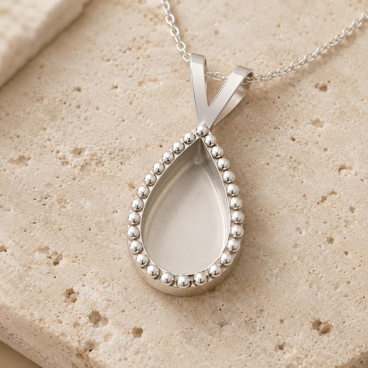 Pear Bead Bezel Pendant Mount 10x14mm, Teardrop Cup with One Row of Small Beads, 925 Sterling Silver Semi Mount Pendant