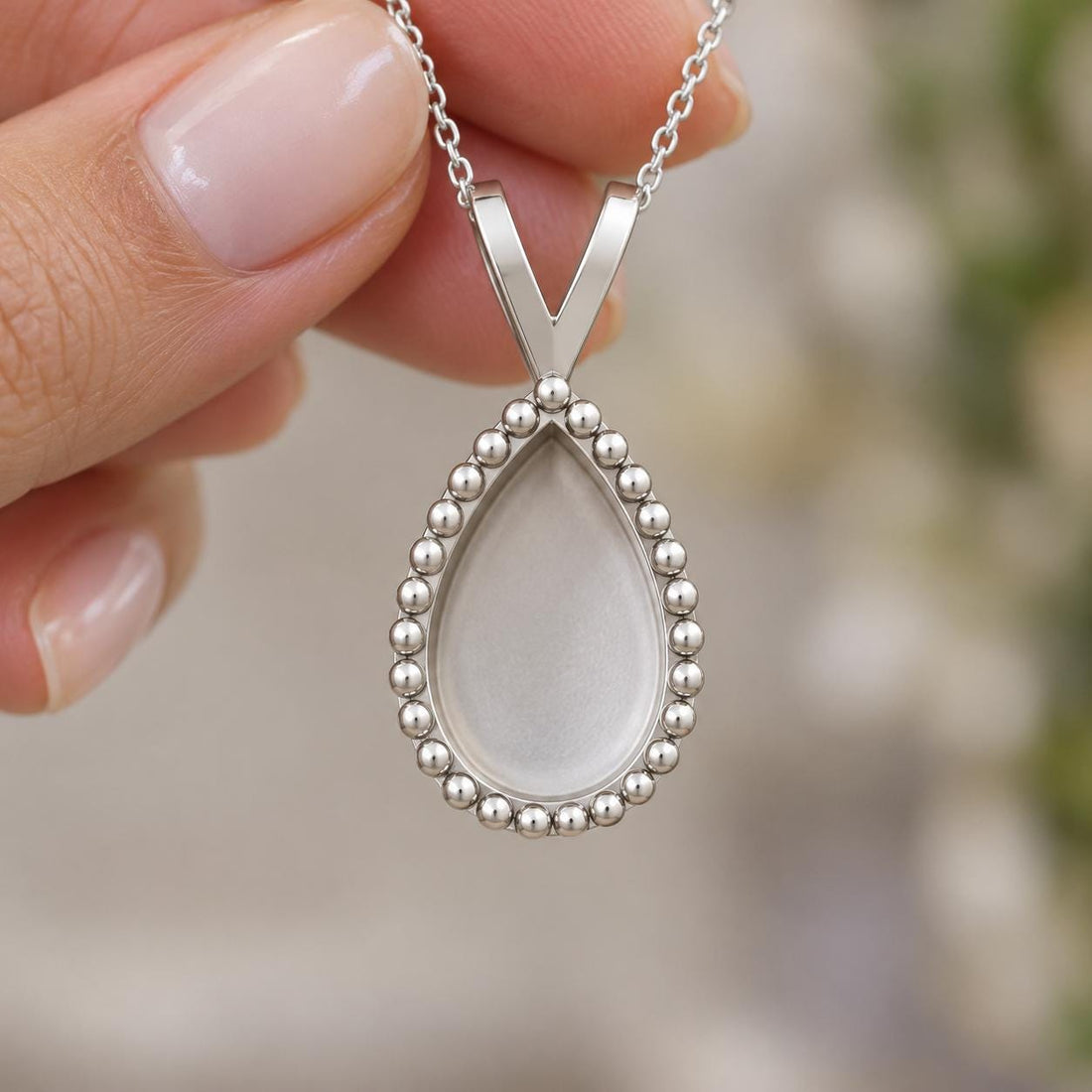 Pear Bead Bezel Pendant Mount 10x14mm, Teardrop Cup with One Row of Small Beads, 925 Sterling Silver Semi Mount Pendant