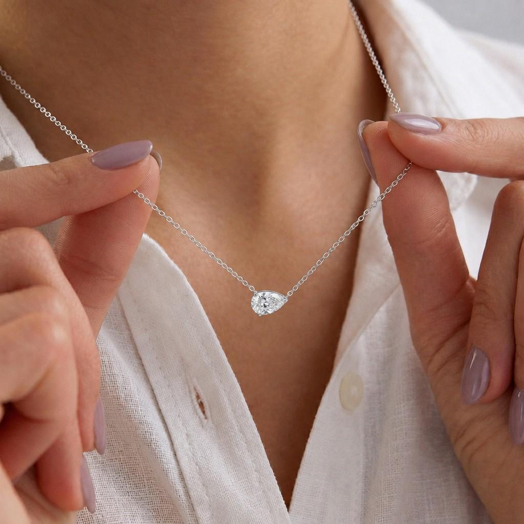 Moissanite Pear Necklace, East West Pear Pendant, Diamond Alternative, VVS Colorless Dainty Minimalist Solitaire Gift for Her