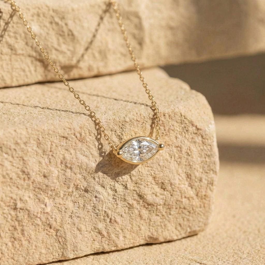 Marquise Cut Moissanite Necklace, April Birthstone Marquise Pendant, East West Solitaire 13x6.5mm, Dainty Necklace Gift for Her
