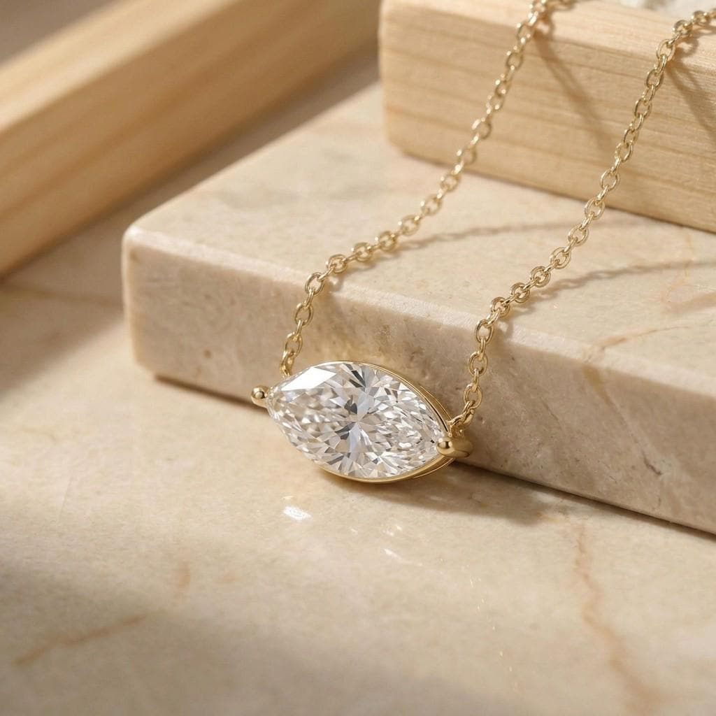 Marquise Cut Moissanite Necklace, April Birthstone Marquise Pendant, East West Solitaire 13x6.5mm, Dainty Necklace Gift for Her
