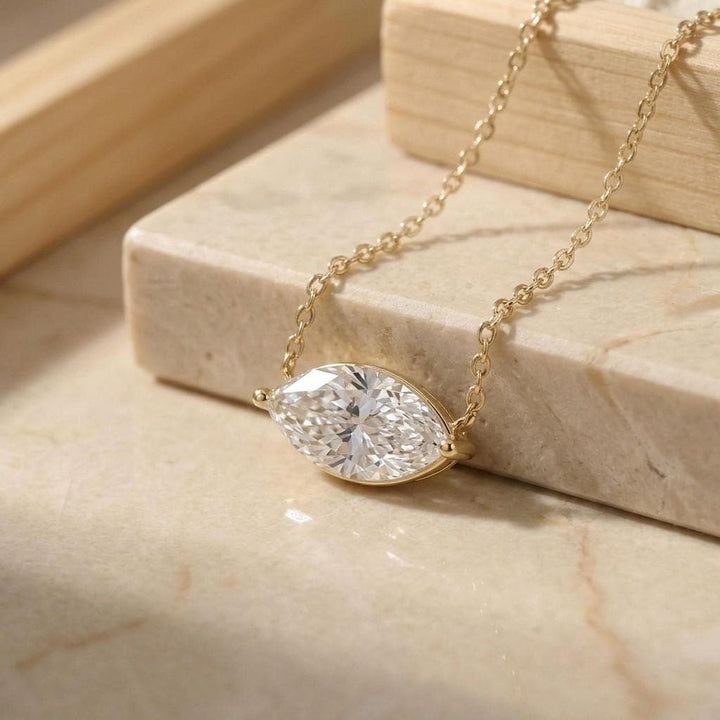 Marquise Cut Moissanite Necklace, April Birthstone Marquise Pendant, East West Solitaire 13x6.5mm, Dainty Necklace Gift for Her
