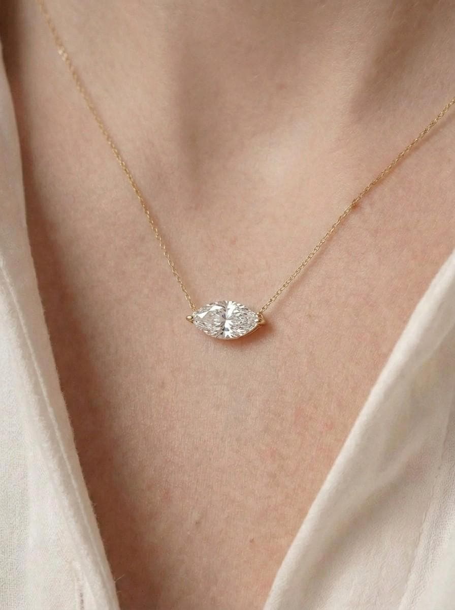 Marquise Cut Moissanite Necklace, April Birthstone Marquise Pendant, East West Solitaire 13x6.5mm, Dainty Necklace Gift for Her