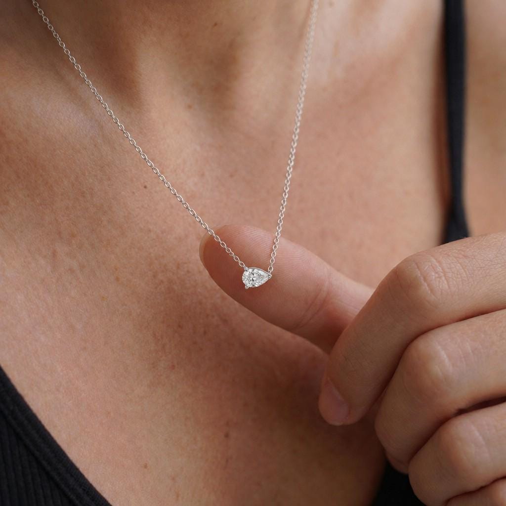 Moissanite Pear Necklace, East West Pear Pendant, VVS Colorless Dainty Minimalist Solitaire Necklace Gift for Her