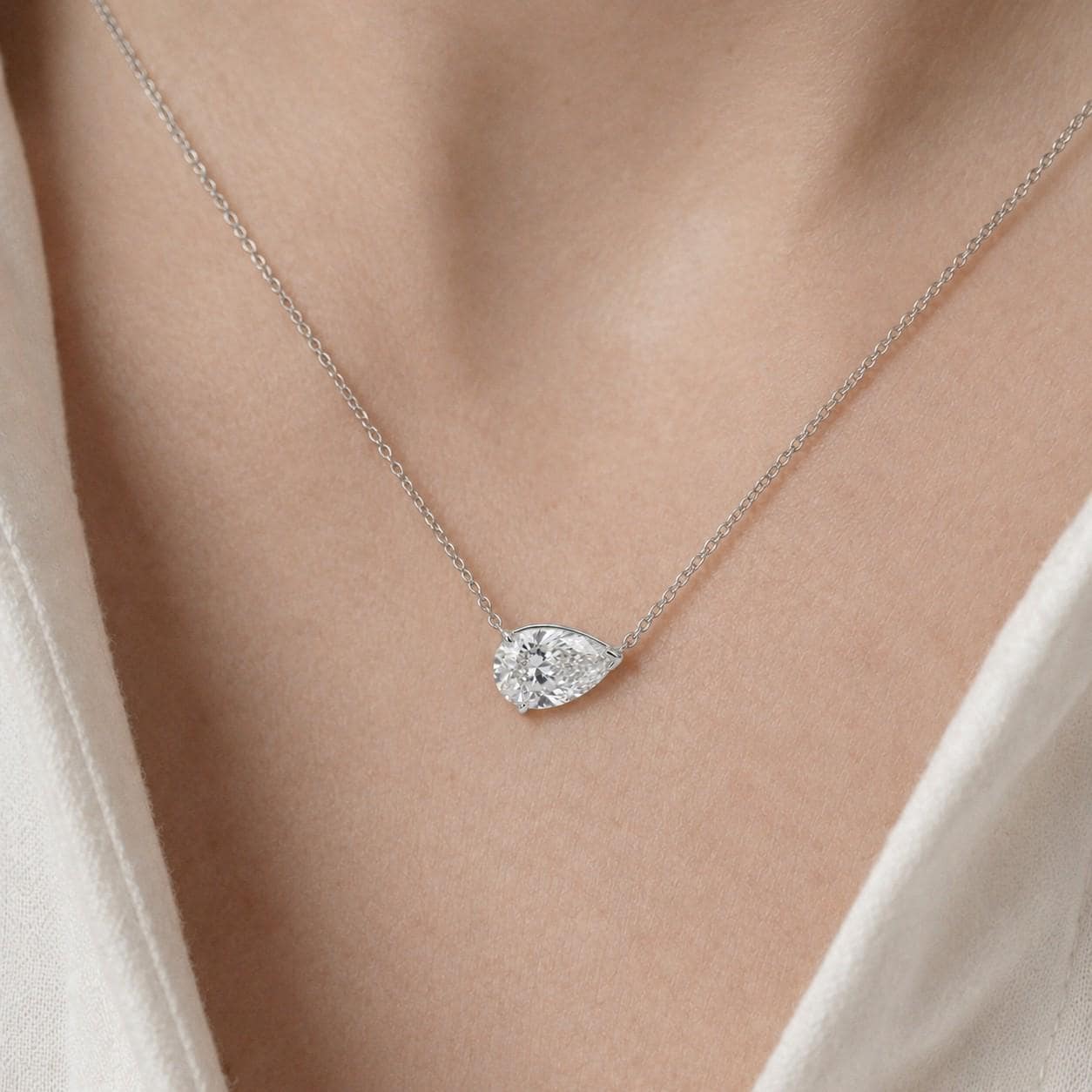 Moissanite Pear Necklace, East West Pear Pendant, VVS Colorless Dainty Minimalist Solitaire Necklace Gift for Her