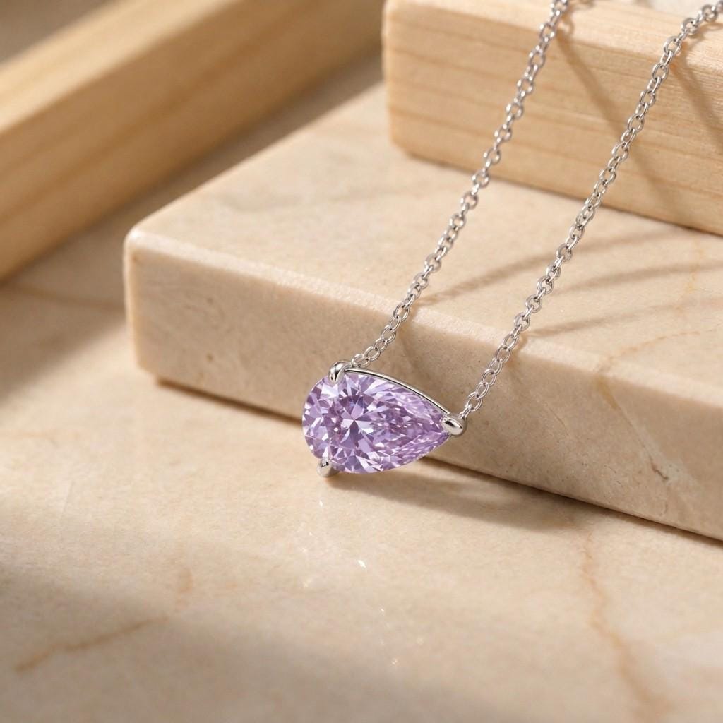 Alexandrite Necklace, June Birthstone Pear Pendant, East West Alexandrite Solitaire, Dainty Birthday Gift for Her