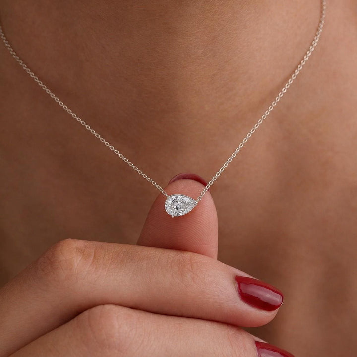 Moissanite Necklace, April Birthstone Pear Pendant, East West Diamond Alternative Solitaire, Dainty Birthday Gift for Her