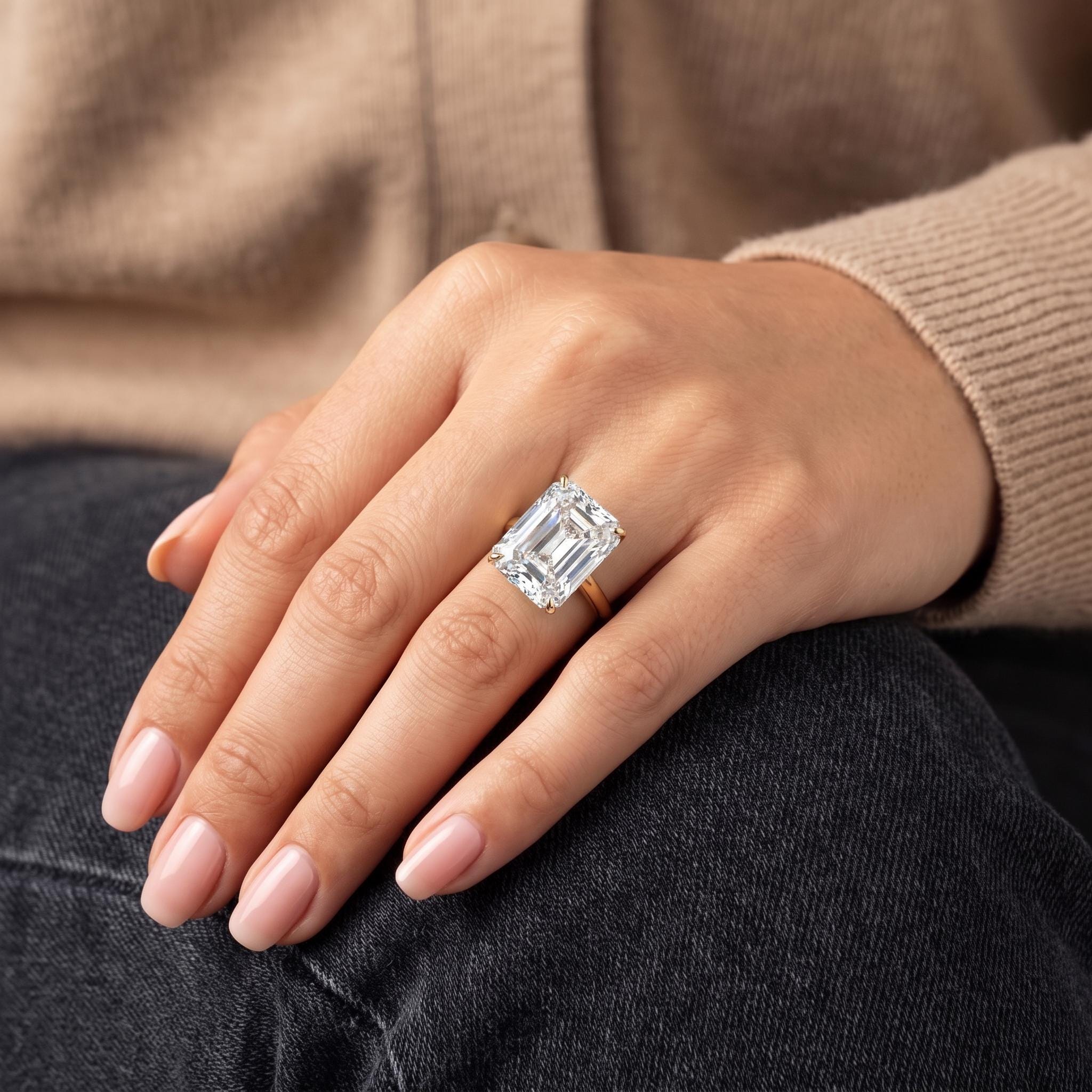 Brilliant Emerald Cut Diamond Simulant Ring | 14K Gold Solitaire Engagement Ring | Classic Rectangular Promise Ring for Her