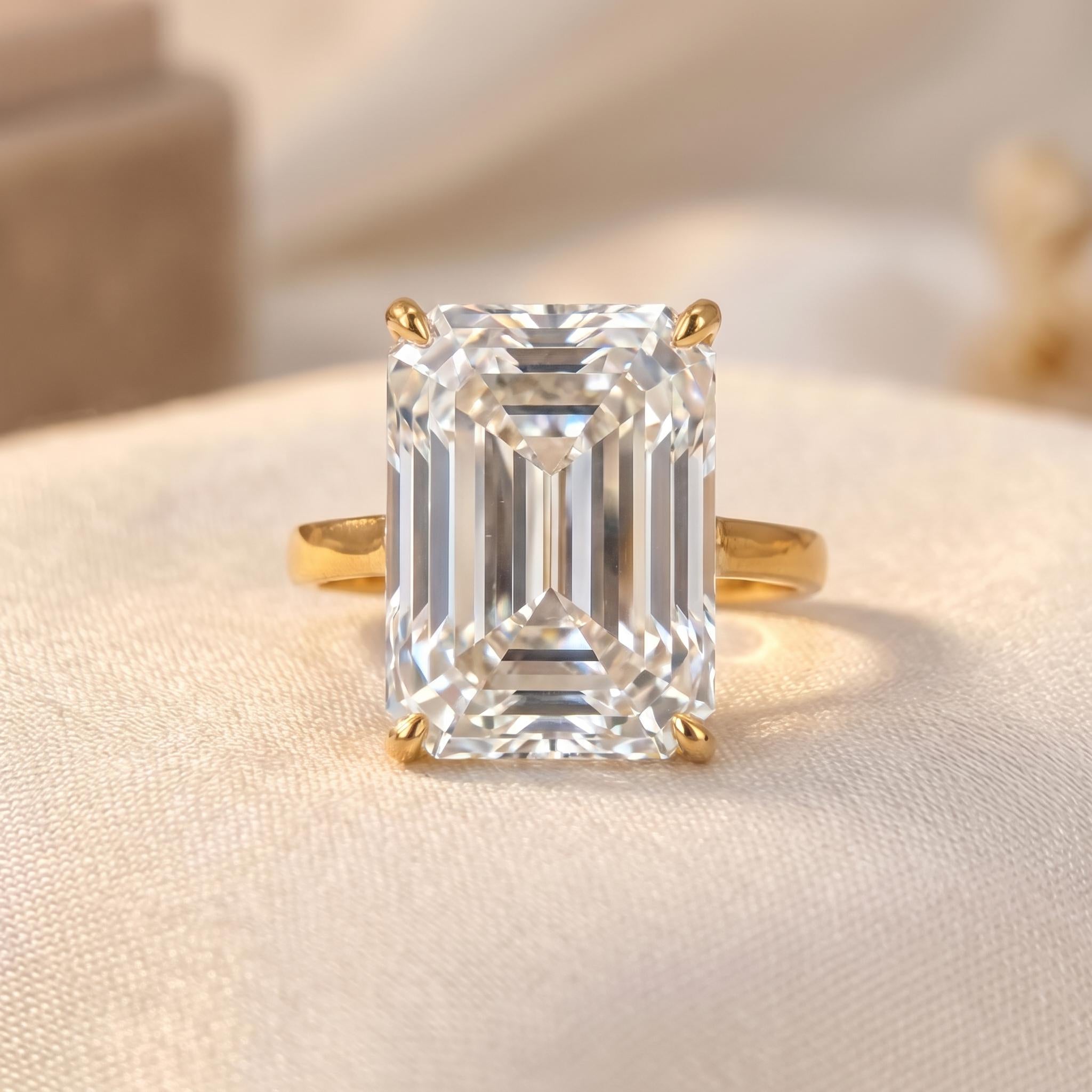 Brilliant Emerald Cut Diamond Simulant Ring | 14K Gold Solitaire Engagement Ring | Classic Rectangular Promise Ring for Her